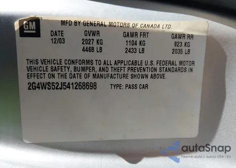2004 Buick Century z USA, uszkodzony, nr VIN 2G4WS52J541268698